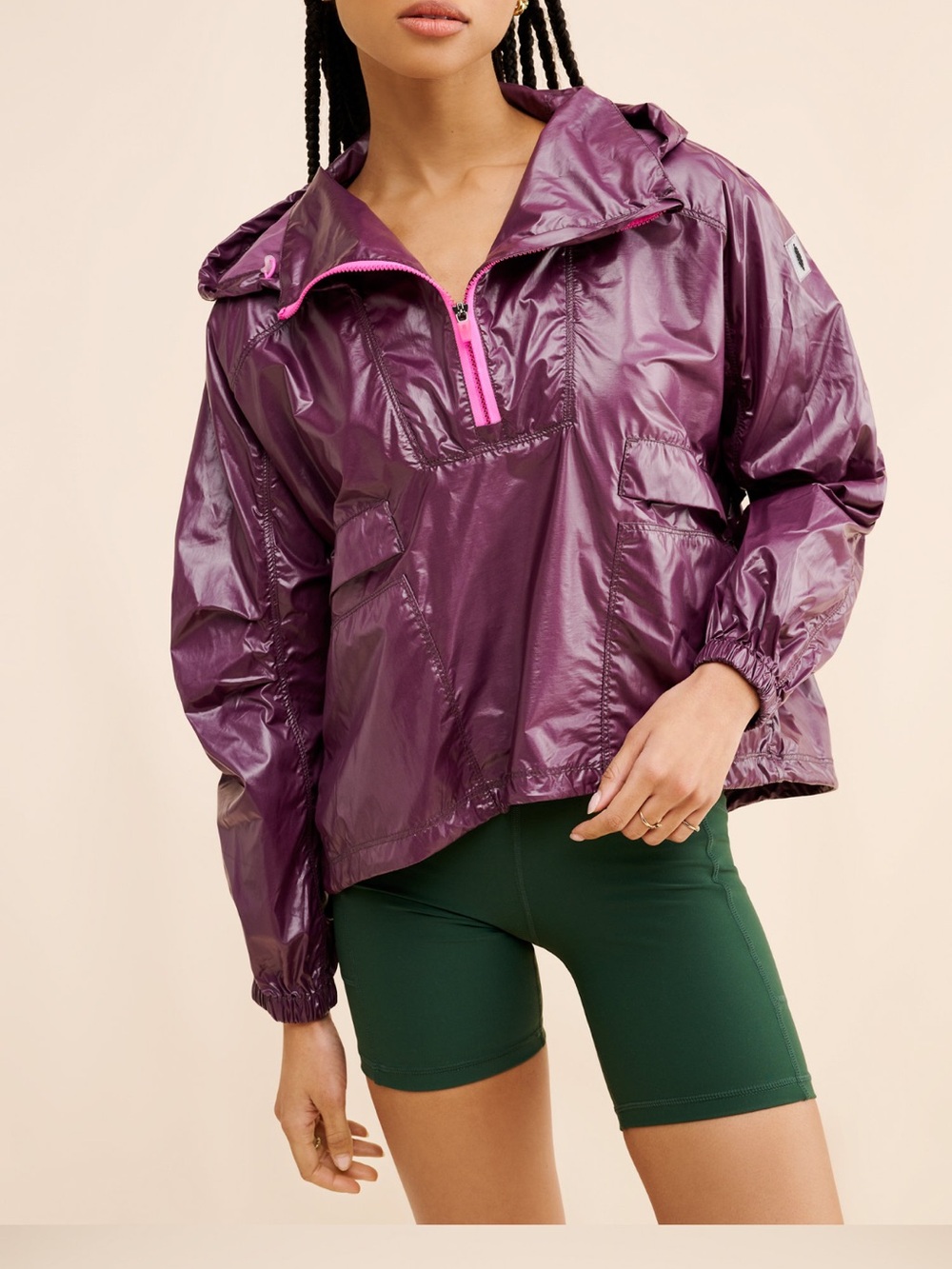 FP Movement by Free People Shiny Plum Pullover Windbreaker with Pink Zip